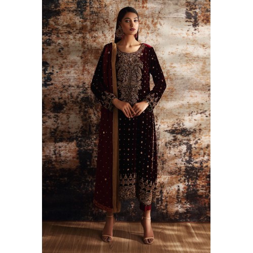 Deep Maroon Amaryllis Velvet Long Shirt with Capri Pants