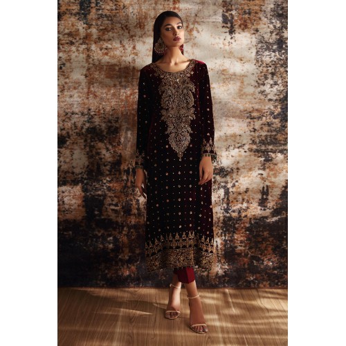 Deep Maroon Amaryllis Velvet Long Shirt with Capri Pants