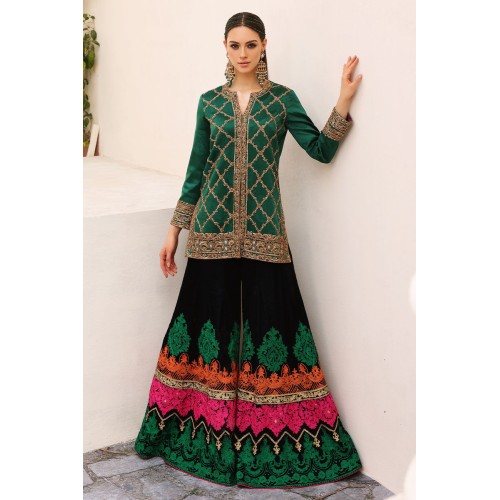 Dark Pine Amaryllis Velvet Jacket with Sharara