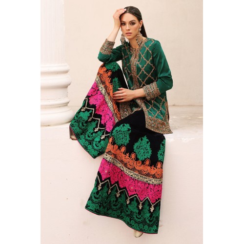 Dark Pine Amaryllis Velvet Jacket with Sharara