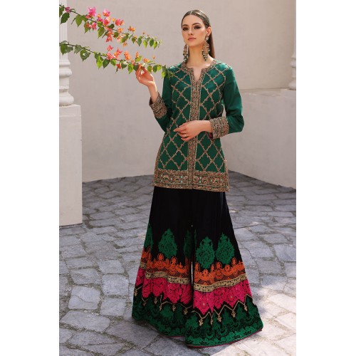 Dark Pine Amaryllis Velvet Jacket with Sharara