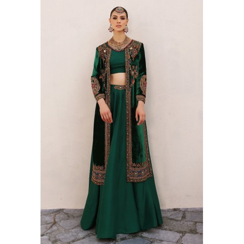 Brunswick Green Amaryllis Velvet Jacket with Lehenga