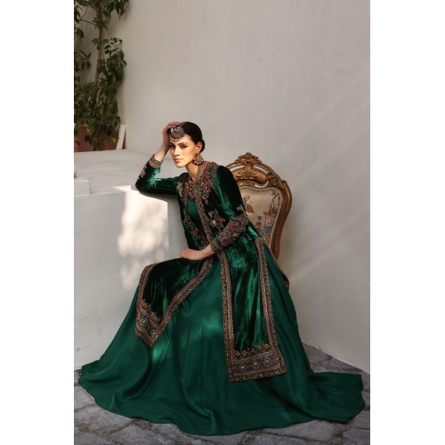 Brunswick Green Amaryllis Velvet Jacket with Lehenga
