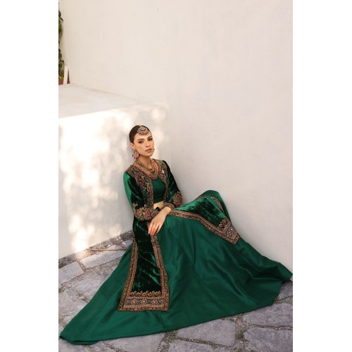 Brunswick Green Amaryllis Velvet Jacket with Lehenga