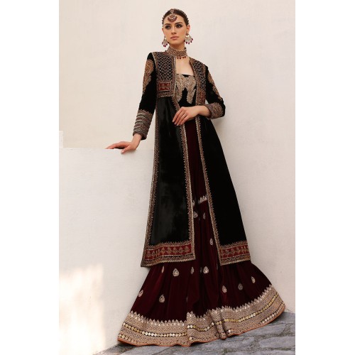 Black Amaryllis Velvet Jacket with Gharara