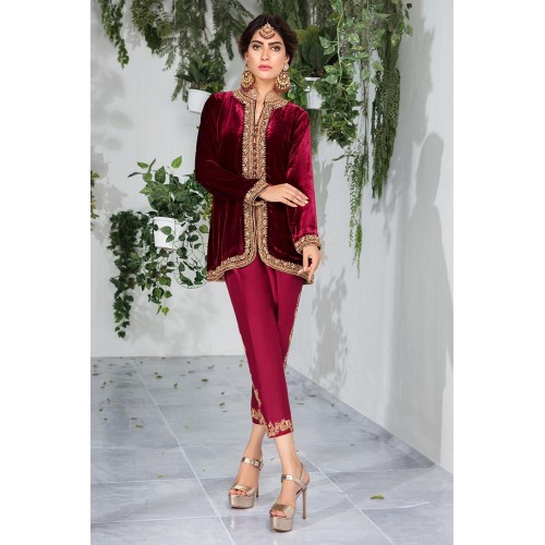 Dark Burgundy Amaryllis Velvet Jacket with Capri Pants