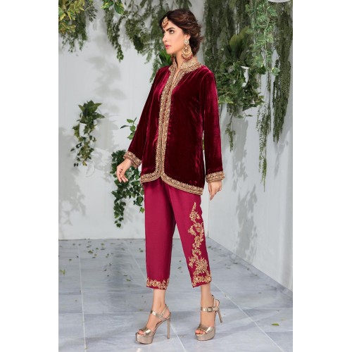 Dark Burgundy Amaryllis Velvet Jacket with Capri Pants
