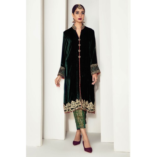 Dark Green Amaryllis Velvet Front Open Long Shirt with Capri Pants