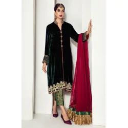 Dark Green Amaryllis Velvet Front Open Long Shirt with Capri Pants