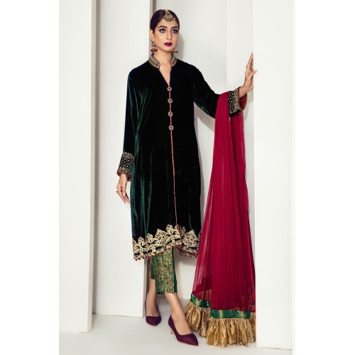 Dark Green Amaryllis Velvet Front Open Long Shirt with Capri Pants