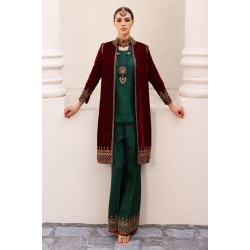 Dark Scarlet Amaryllis Velvet Jacket with Gable Green Shirt and Izaar
