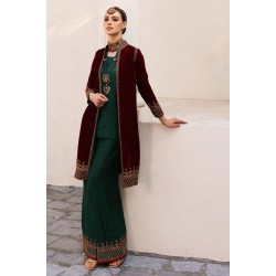 Dark Scarlet Amaryllis Velvet Jacket with Gable Green Shirt and Izaar
