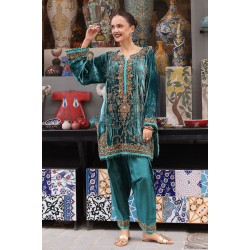 Dark Teal Amaryllis Velvet Kameez Shalwar