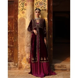 Dark Rose Bud Cherry Amaryllis Velvet Jacket with Lehenga
