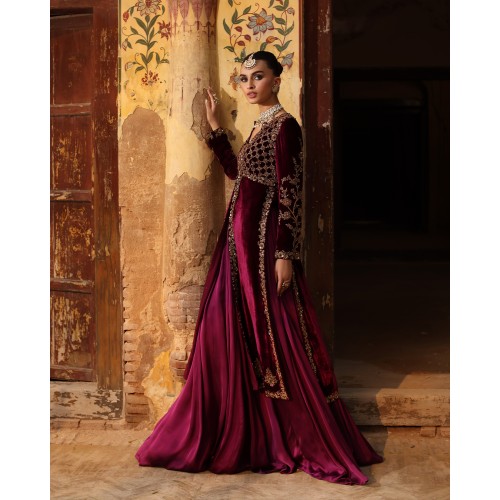 Dark Rose Bud Cherry Amaryllis Velvet Jacket with Lehenga