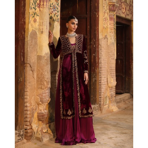Dark Rose Bud Cherry Amaryllis Velvet Jacket with Lehenga