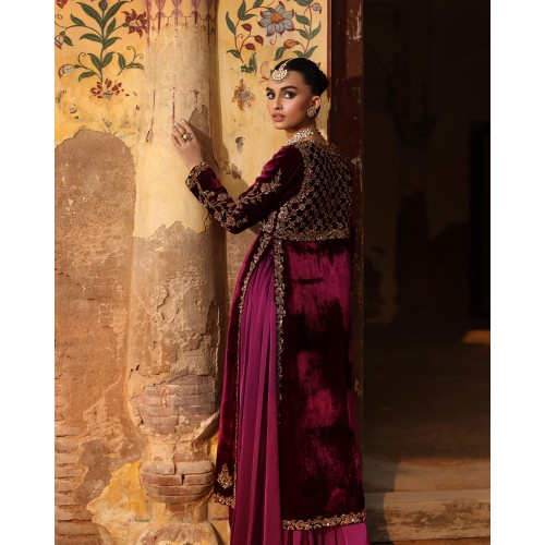 Dark Rose Bud Cherry Amaryllis Velvet Jacket with Lehenga