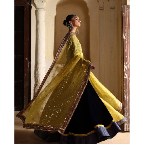 Dark Navy Blue Amaryllis Velvet Kalidaar