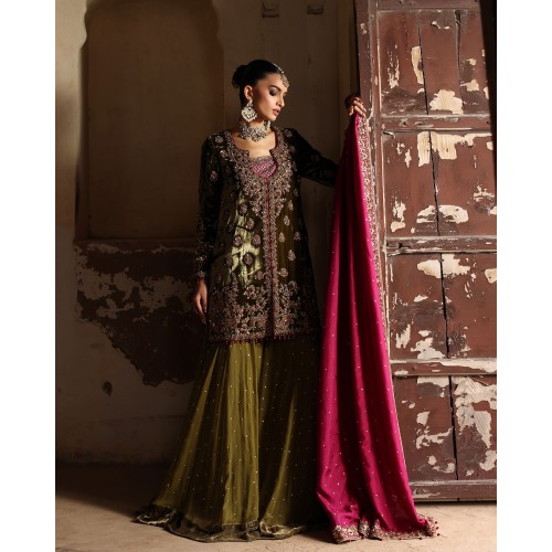 Uniform Green Amaryllis Velvet Jacket with Sharara