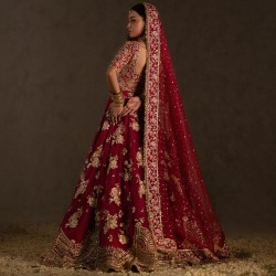 Deep Pictorial Carmine Peony Lehenga Choli