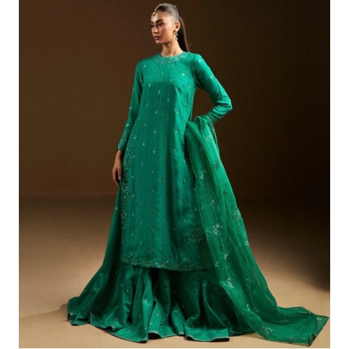 Bluegrass Green Peony Long Shirt with Gharara