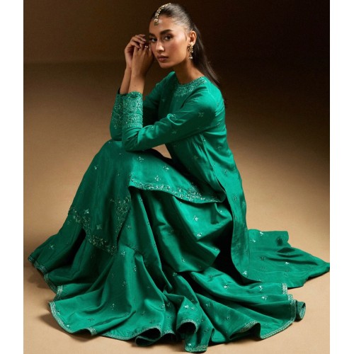 Bluegrass Green Peony Long Shirt with Gharara