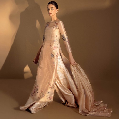 Champagne Pink Peony Long Shirt with Sharara