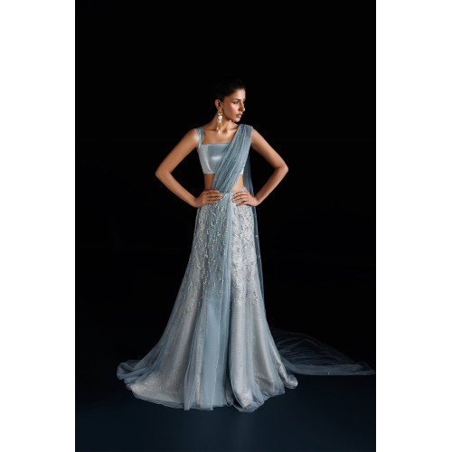 Light French Blue Peony Lehenga Saree