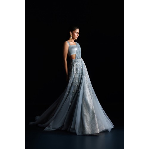 Light French Blue Peony Lehenga Saree