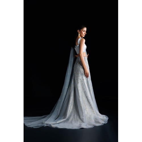 Light French Blue Peony Lehenga Saree