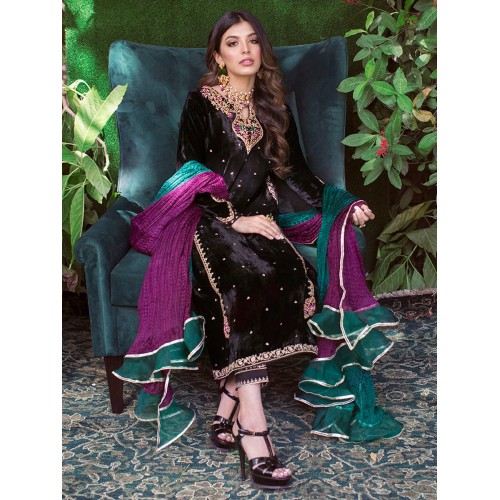 Black Flora Velvet Long Shirt with Pants