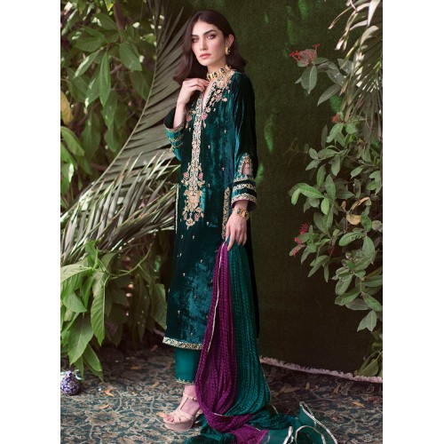 Sea Green Flora Velvet Long Shirt with Pants