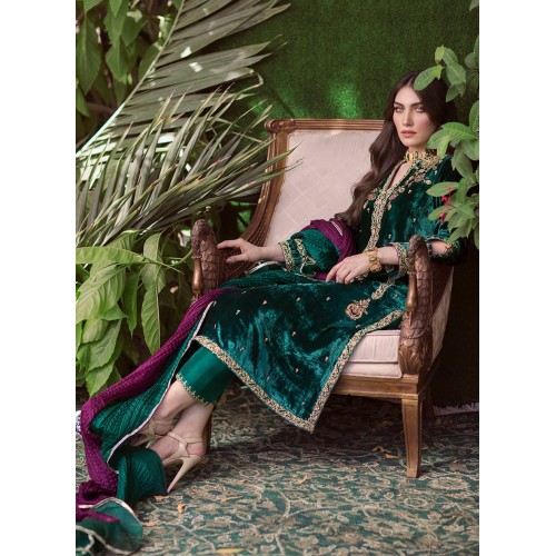 Sea Green Flora Velvet Long Shirt with Pants