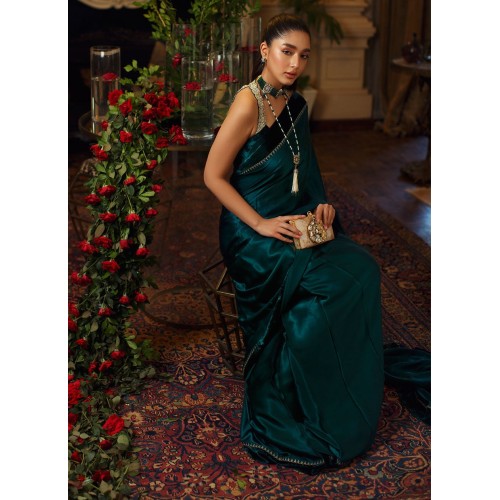 Natural Indigo Flora Velvet Saree with Halter Neck Blouse