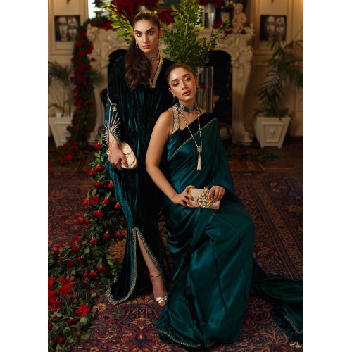 Natural Indigo Flora Velvet Saree with Halter Neck Blouse