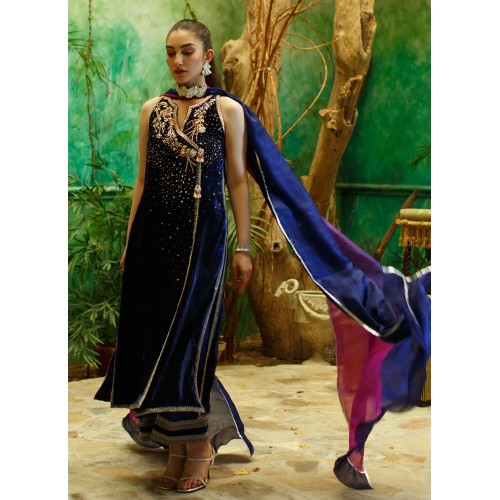 Gulf Blue Flora Velvet Angrakha Gulf Blue Flora Velvet Angrakha