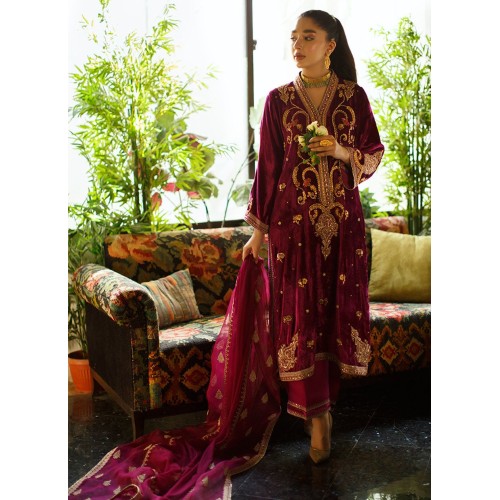 Quinacridone Red Violet Flora Velvet Long Shirt with Izaar