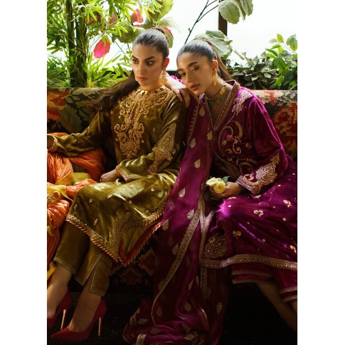 Quinacridone Red Violet Flora Velvet Long Shirt with Izaar