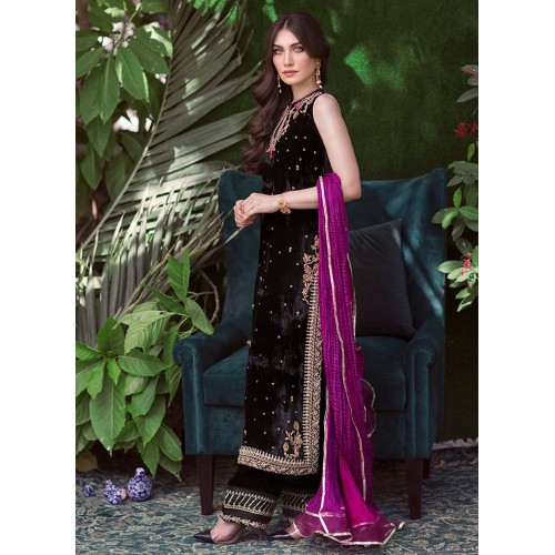 Black Flora Velvet Long Shirt with Izaar