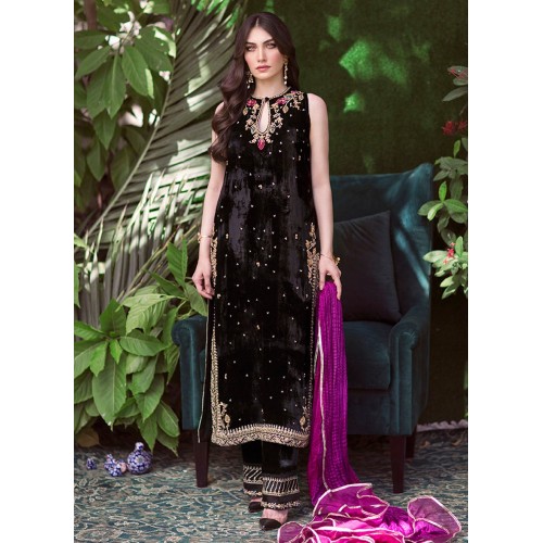 Black Flora Velvet Long Shirt with Izaar