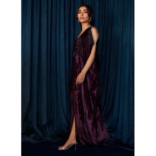 Jacaranda Flora Cold Shoulder Velvet Kaftan