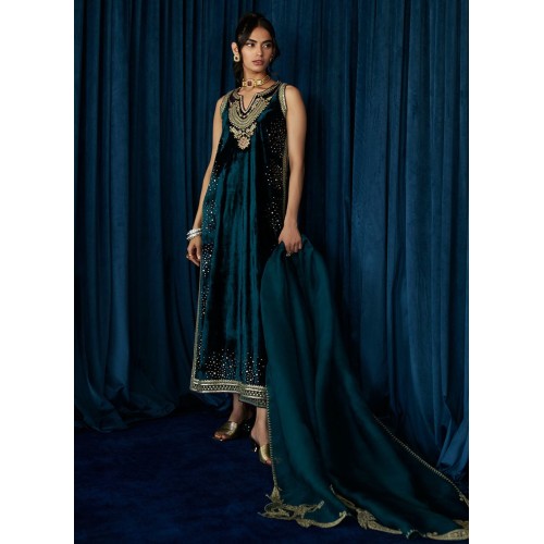 Majolica Blue Flora Long Velvet Shirt with Pants