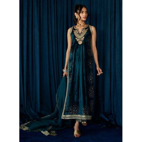 Majolica Blue Flora Long Velvet Shirt with Pants