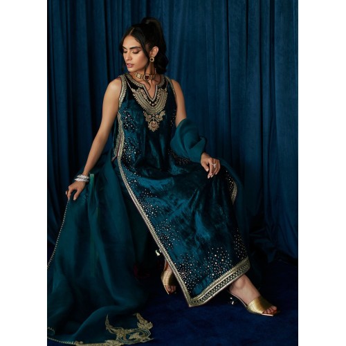 Majolica Blue Flora Long Velvet Shirt with Pants