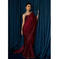 New Aubergine Flora Silk Saree with Velvet Halter Neck Blouse