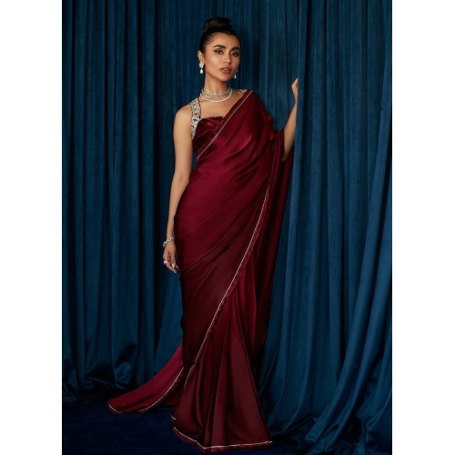 New Aubergine Flora Silk Saree with Velvet Halter Neck Blouse