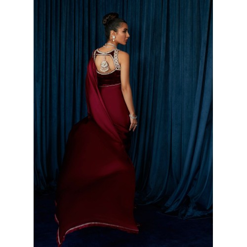 New Aubergine Flora Silk Saree with Velvet Halter Neck Blouse