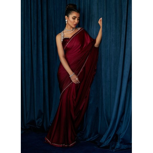 New Aubergine Flora Silk Saree with Velvet Halter Neck Blouse
