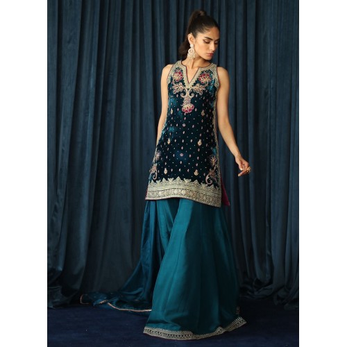 Ocean Dark Blue Flora Velvet Shirt with Palazzo