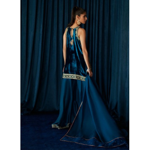 Ocean Dark Blue Flora Velvet Shirt with Palazzo